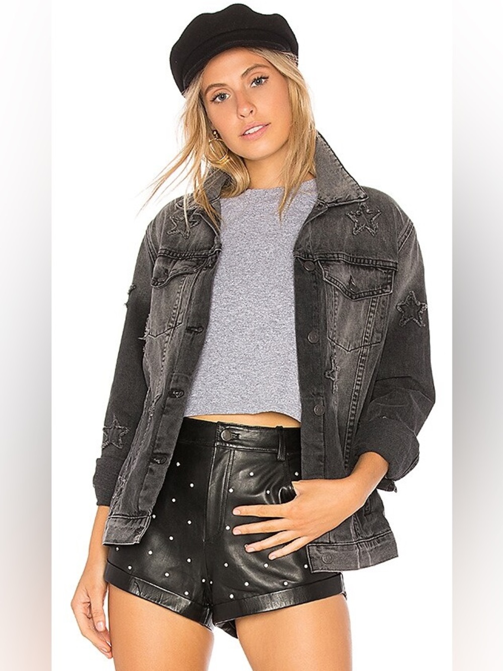 Rails Knox Star Patch Vintage Faded Denim Jacket in Black RARE